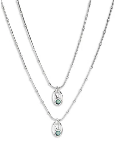 Unode50 Sterling Silver Plated Metal Alloy Double Chain With Blue Faceted Crystals