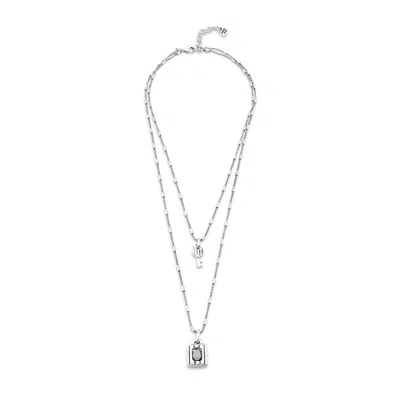 Unode50 Sterling Silver Plated Metal Alloy Necklace, 2 Chains, Key And Padlock Charms