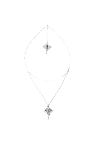 Unode50 Sterling Silver Plated Short Double Chain Pendant With Manta Ray In Metallic