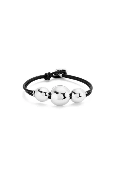 Unode50 Sterling Silver-plated Leather Strap With Three Large Central Balls In Black