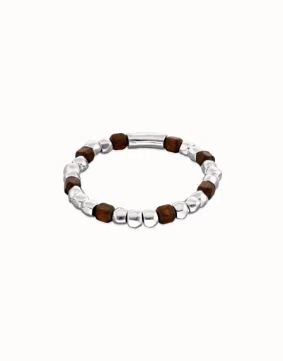 Unode50 Stretch Bracelet With Silver And Wooden Beads In Brown