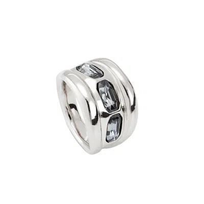 Unode50 Three Gray Faceted Crystal Metal Alloy Ring In Silver
