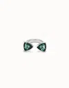 Unode50 Triangular Ring With Two Green Crystals In Green