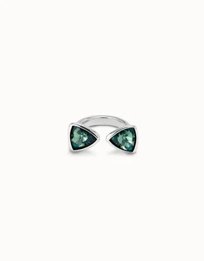 Unode50 Triangular Ring With Two Green Crystals