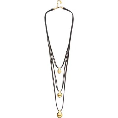 Unode50 Triple Leather Necklace With Three 18k Gold-plated Dials In Black