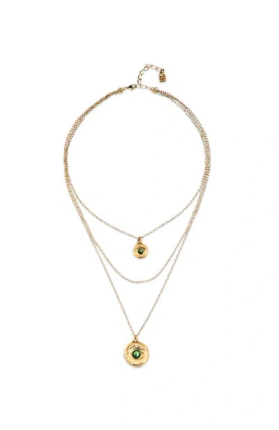 Unode50 Triple Necklace Plated In Gold With 2 Eye Charms And Green Faceted Crystal