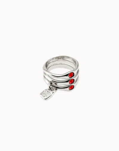 Unode50 Triple Ring With Red Crystals In Metallic