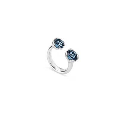 Unode50 Two Faceted Crystals Facing Each Other Metal Alloy Ring In Blue
