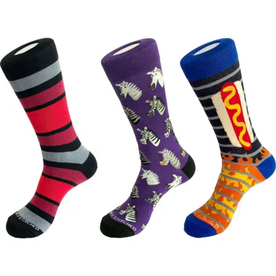 Unsimply Stitched 3-pack Assorted Graphic Crew Socks In Purple Multi