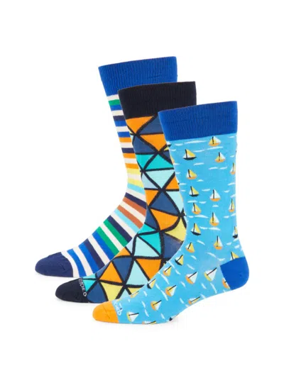 Unsimply Stitched Men's 3-pack Boat Print Crew Socks In Blue