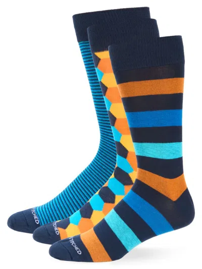 Unsimply Stitched Men's 3-pack Pattern Logo Socks In Navy Orange Multi