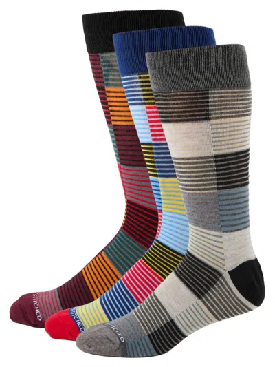 Unsimply Stitched Men's 3 Pack Striped Crew Socks In Grey Multi