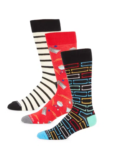 Unsimply Stitched Men's 3-piece Patterned Crew Socks In Red