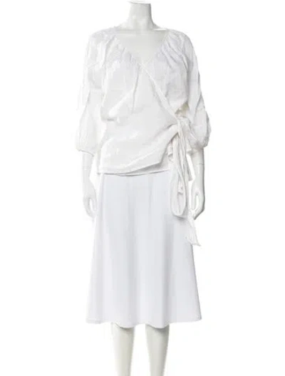 Pre-owned Unsubscribed Linen V-neck Blouse In White