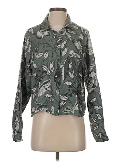 Pre-owned Unsubscribed Long Sleeve Silk Top Green Camo Pattern Mock Neckline Tops