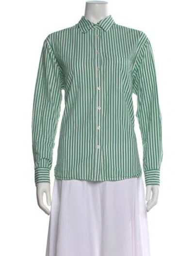 Pre-owned Unsubscribed Striped Long Sleeve Button-up Top In Green