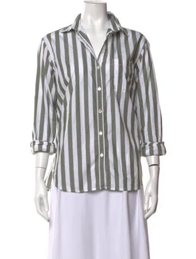Pre-owned Unsubscribed Striped Three-quarter Sleeve Button-up Top In Green