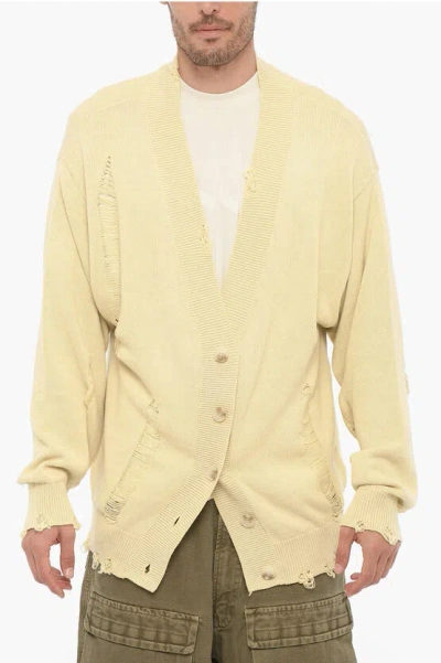 Untitled Artworks Distressed Cotton Maxi Cardigan In Yellow