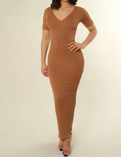 Untitled In Motion V-neck Bodycon Ribbed Dress In Mocha In Gold