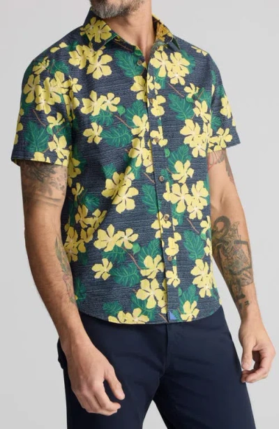 Untuckit Finc Floral Short Sleeve Cotton Shirt In Navy Yellow