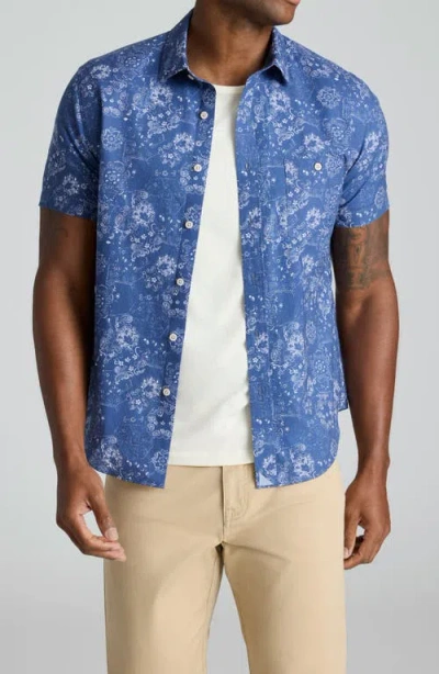 Untuckit Monroe Regular Fit Paisley Summerweight Short Sleeve Cotton & Linen Button-up Shirt In Blue
