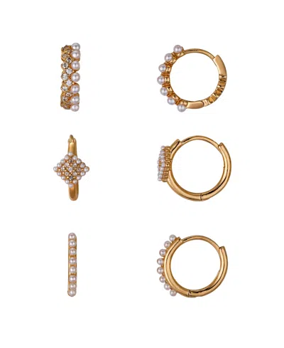 Unwritten 14k Gold Flash Plated Cubic Zirconia And White Imitation Pearl Hoop 6-piece Earring Set