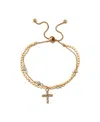 Unwritten 14k Gold Flash-plated Gray Fresh Water Pearl And Crystal Cross Double Strand Bolo Bracelet In Gold