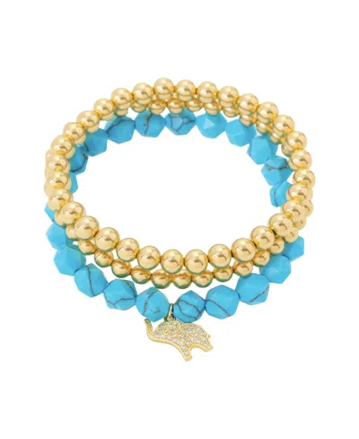Unwritten Blue Turquoise And Cubic Zirconia Elephant Pendant Trio Stretch Bracelet Set In Multi