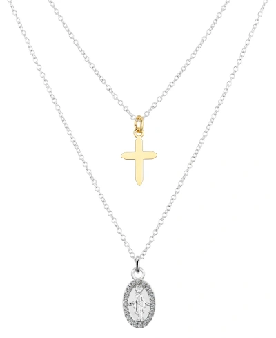 Unwritten Crystal Virgin Mary And 14k Gold Plated Cross Necklace Set In Silver