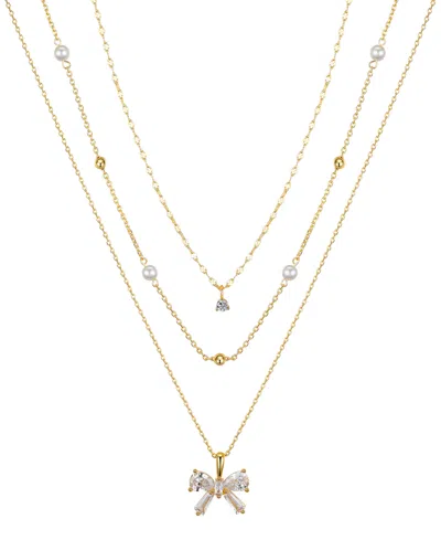Unwritten Cubic Zircoina And Mother Of Pearl Bow Layered Pendant Necklace Set In Gold