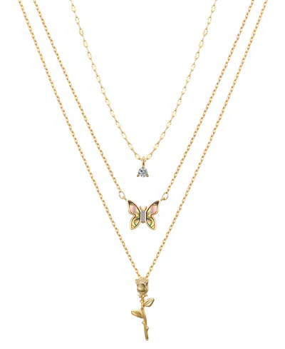 Unwritten Cubic Zirconia Abalone Buttterfly Rose Layered Necklace Set In Gold