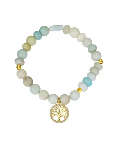 Unwritten Cubic Zirconia And Amazonite Stone Family Tree Stretch Bracelet In Gold