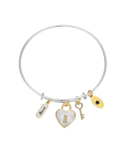 Unwritten Cubic Zirconia And Mother Of Pearl Heart Lock And Key "mama" Bangle Bracelet In Two Tone