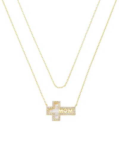 Unwritten Cubic Zirconia And Mother Of Pearl Mom Cross Pendant Layered Necklace Set In Gold