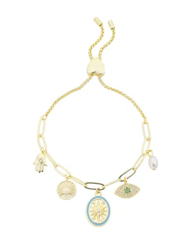 Unwritten Cubic Zirconia And Pearl Celestial Charm Bolo Bracelet In Gold