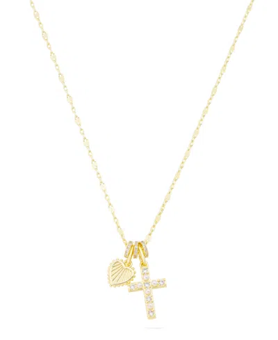 Unwritten Cubic Zirconia And Pearl Cross And Heart With Rondelles Charm Necklace In Gold