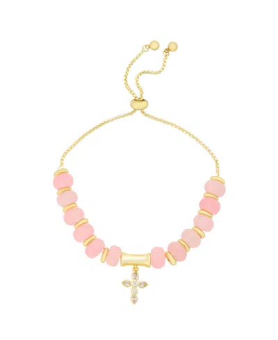 Unwritten Cubic Zirconia And Rose Quartz Beaded Bolo With Cross Charm Bracelet In Gold