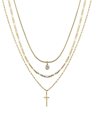 Unwritten Cubic Zirconia Bezel And 14k Gold Plated Cross Pendant Layered Necklace Set, 3 Pieces