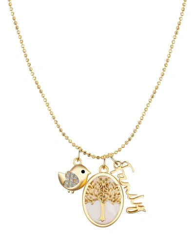Unwritten Cubic Zirconia Bird, Mother Of Pearl Tree, 14k Gold Plated Family Pendant Necklace