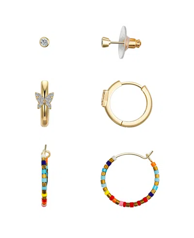 Unwritten Cubic Zirconia Butterfly And Multi Color Beaded Hoop Stud Earring Set In Gold