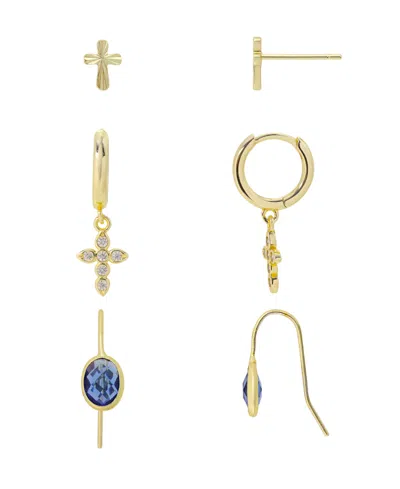 Unwritten Cubic Zirconia Cross Pendant Earring Trio Set In Gold