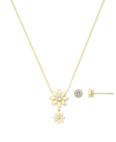 Unwritten Cubic Zirconia Double Flower Drop Pendant Necklace With Earring Set In Gold