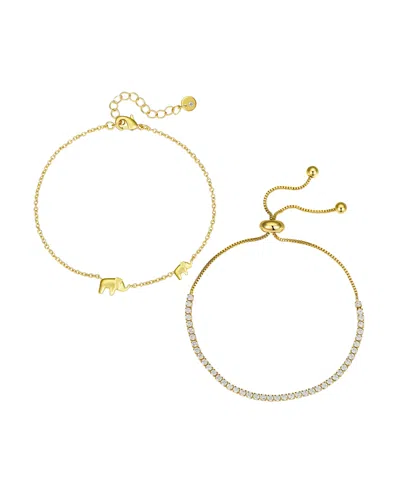 Unwritten Cubic Zirconia Elephant Bezel Layered Bolo Bracelet Set In Gold