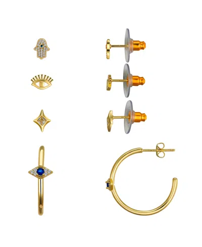 Unwritten Cubic Zirconia Evil Eye, Star, Hamsa Stud Hoop Earring Set In Gold
