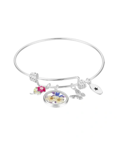 Unwritten Cubic Zirconia Flower, Butterfly, Dried Flower Pendant Bangle Bracelet In Silver