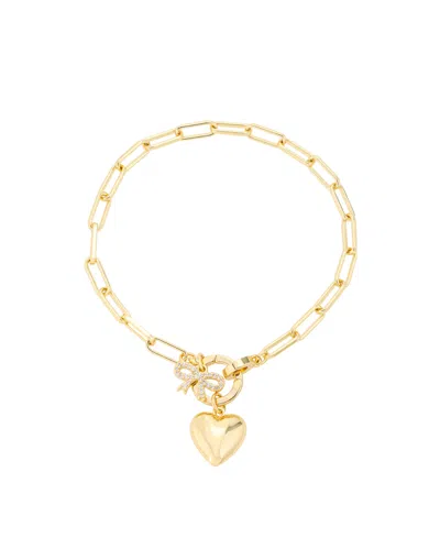 Unwritten Cubic Zirconia Gold-tone Plated Bow And Heart Cluster Charm Paperclip Chain Bracelet