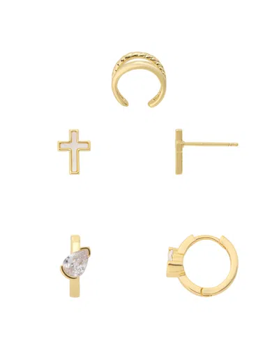 Unwritten Cubic Zirconia Gold-tone Plated Cross Hoop And Stud Earring Trio Set
