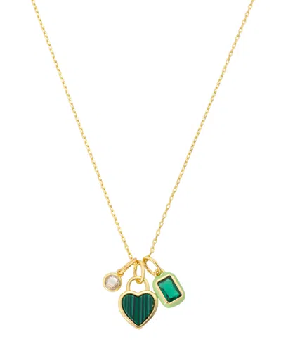 Unwritten Cubic Zirconia Gold-tone Plated Malachite Stone Cluster Charm Necklace