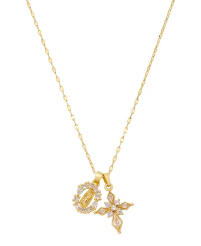 Unwritten Cubic Zirconia Gold-tone Plated Saint And Cross Cluster Charm Necklace