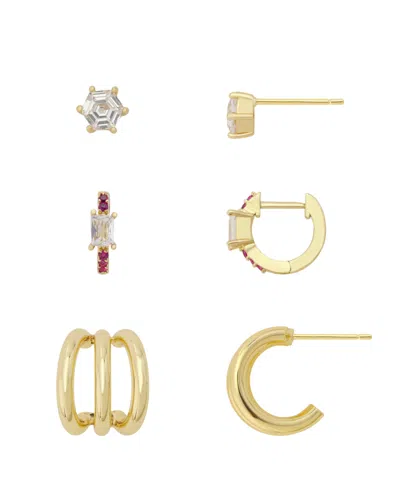 Unwritten Cubic Zirconia Gold-tone Trio Stud And Hoop Earrings, 3-piece Set